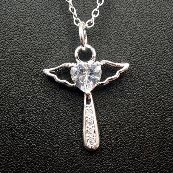 925 Silver Necklace w/ CZ Diamond Angel Wings Cross Christmas Birthday Gift NEW! - Picture 4 of 6